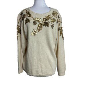 Vtg Dana Scott 80s Sweater Medium Silk Wool Angora White Gold Sequin Pullover